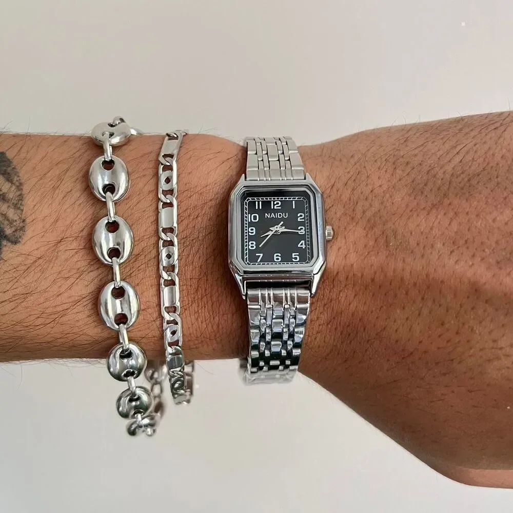 y2k black rectangle stainless steel quartz watch